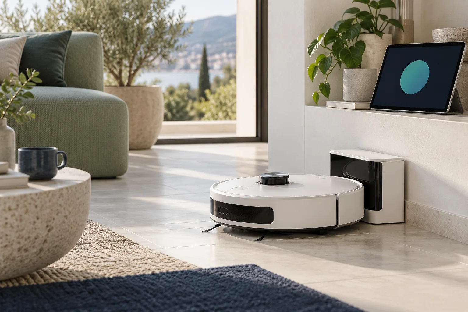 Concept illustration of a robot vacuum beside its charging station in a bright living space.