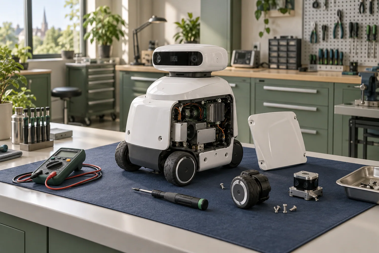 Concept illustration of a service robot with an open access panel on an organised repair bench.